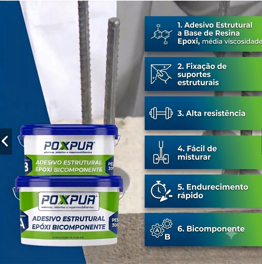 Adesivo Estrutural Epóxi Poxpur 2K EP - KIT Comp A + Comp B = 500G