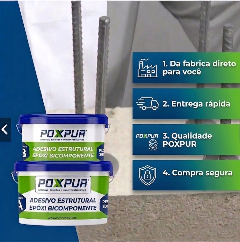 Adesivo Estrutural Epóxi Poxpur 2K EP - KIT Comp A + Comp B = 500G