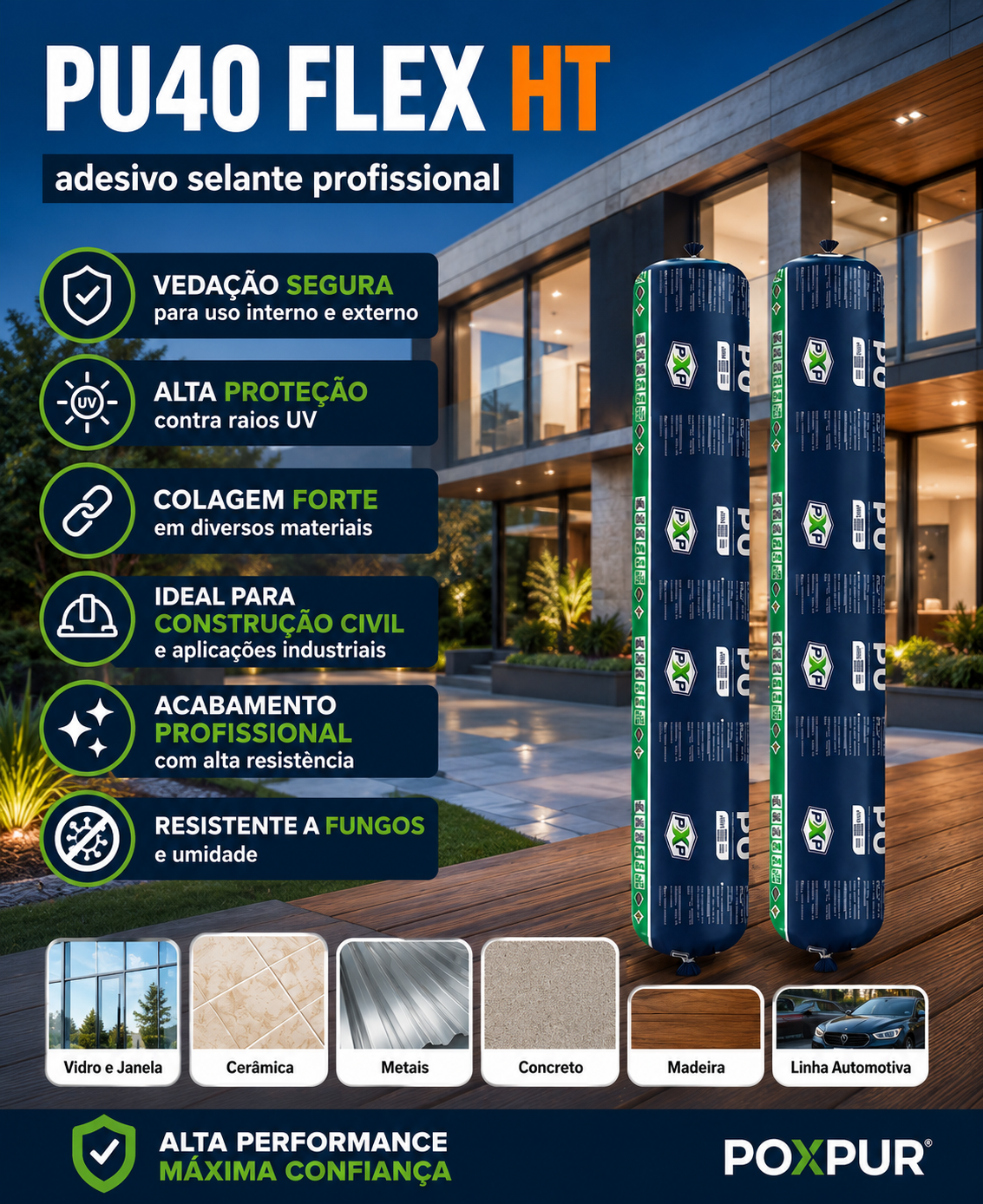 Adesivo Selante PU40 Poxpur Flex HT Tecnology Plásticos Cerâmicas Vidros Concreto - Sachê 870g