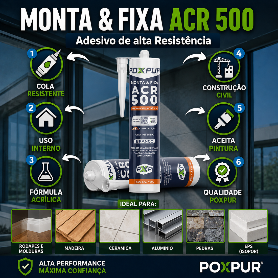 Adesivo Selante Acrílico Poxpur Monta&Fixa ACR 500 Guarnições Rodapés Molduras - 400g
