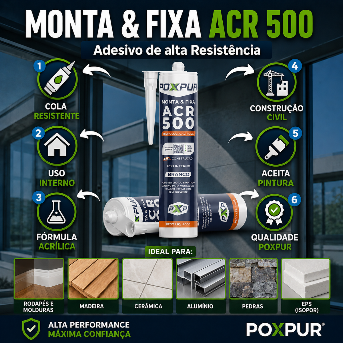 Adesivo Selante Acrílico Poxpur Monta&Fixa ACR 500 Guarnições Rodapés Molduras - 400g