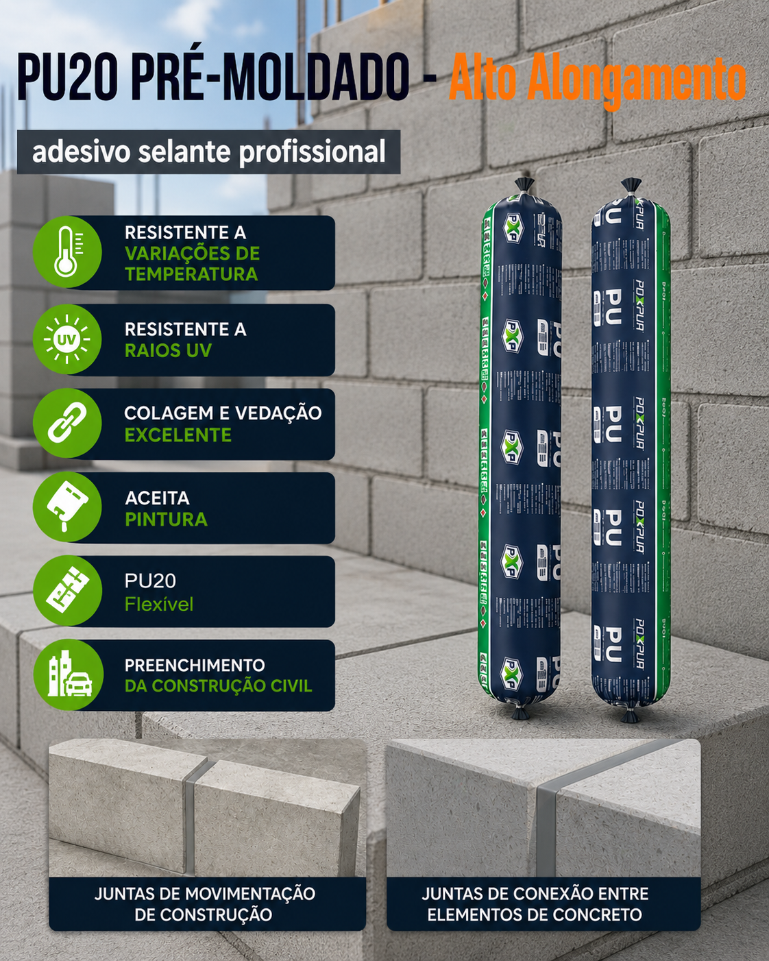 Adesivo Selante PU20 Poxpur Alto Alongamento Flex Pré-Moldado Construção Concreto - Sachê 800g
