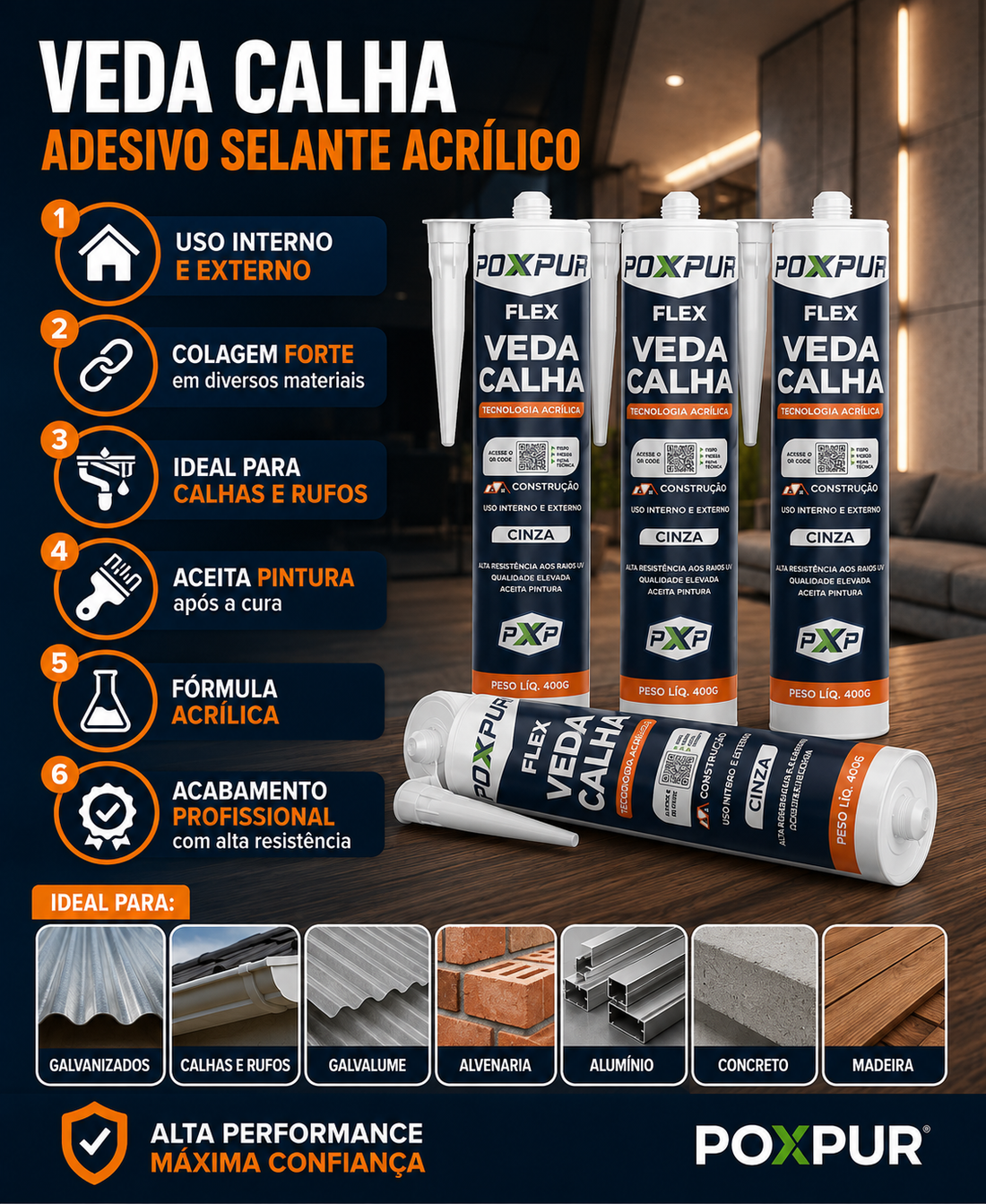 Adesivo Selante Acrílico Poxpur Veda Calhas Rufos para Alumínio Galvanizado e Concreto - 400g