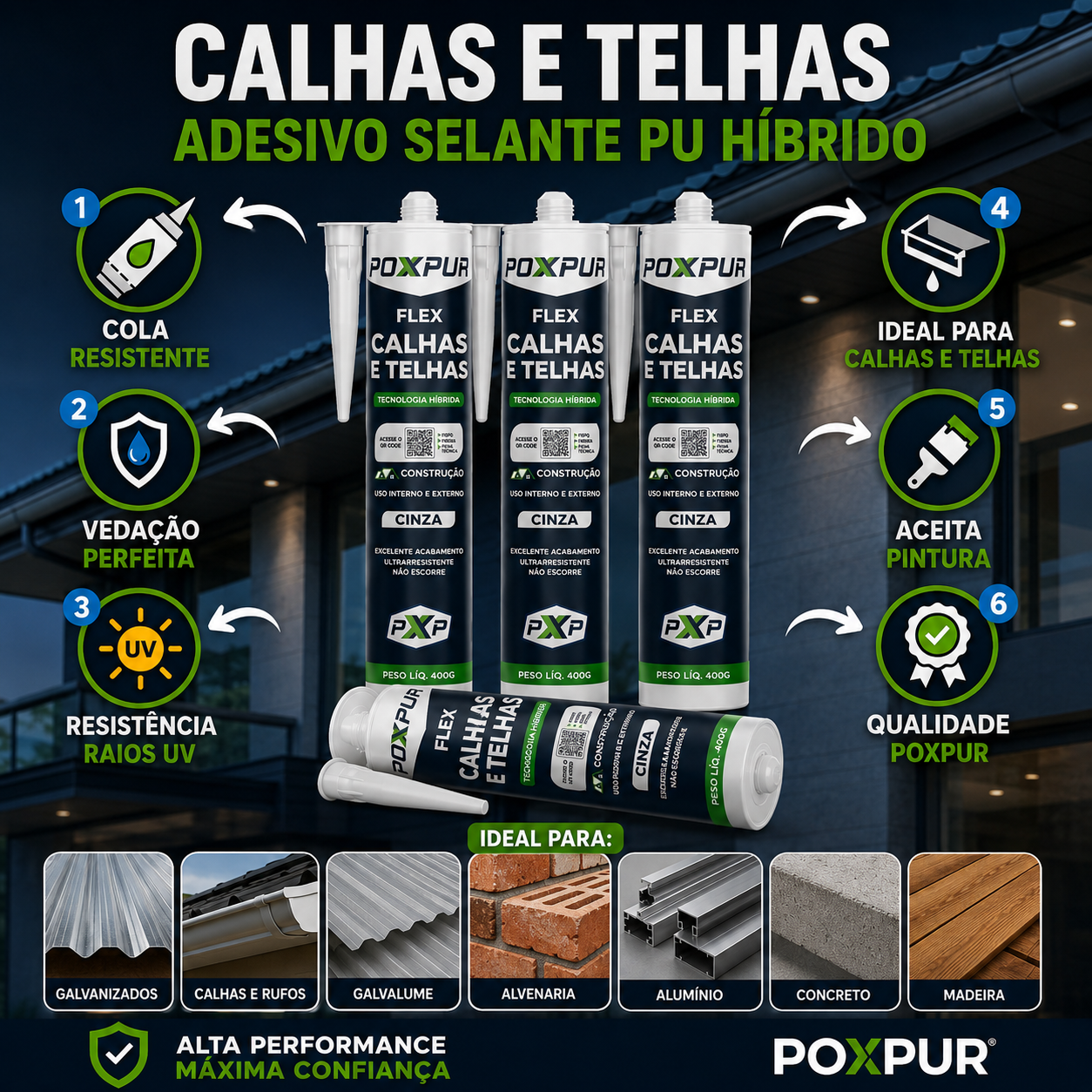Adesivo Selante PU Poxpur Calhas e Telhas Metal Concreto e Madeiras - 400g