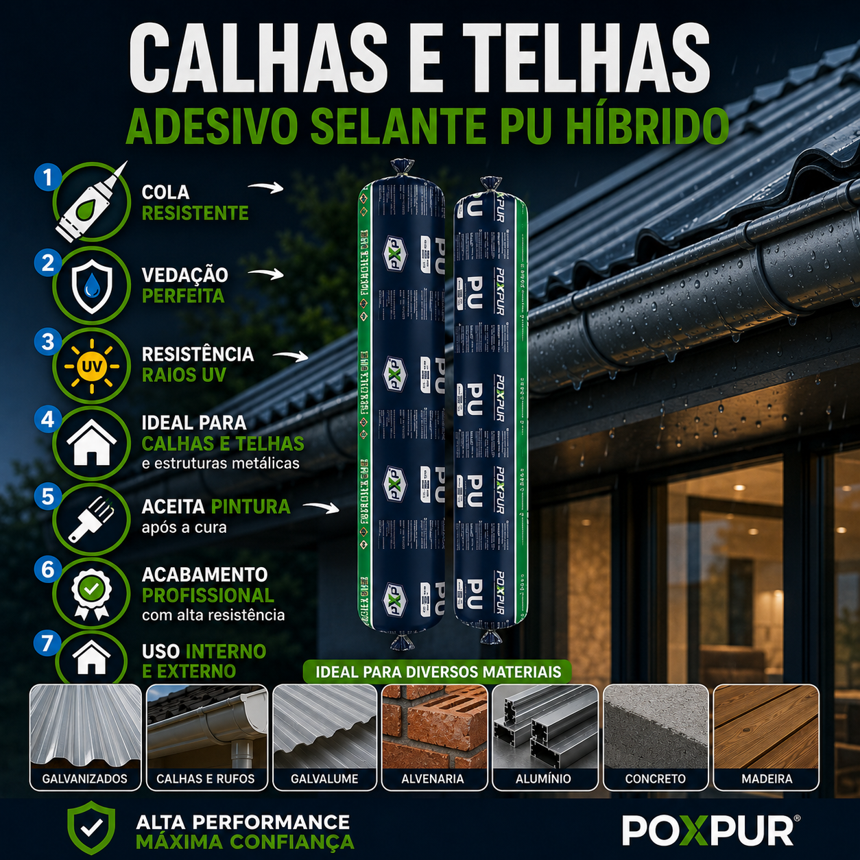 Adesivo Selante PU Poxpur Calhas e Telhas Metal Concreto e Madeiras- Sachê 870g