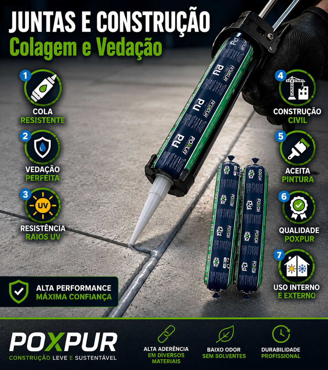 Adesivo Selante PU Poxpur Flex Juntas e Construcao - Sachê 870g