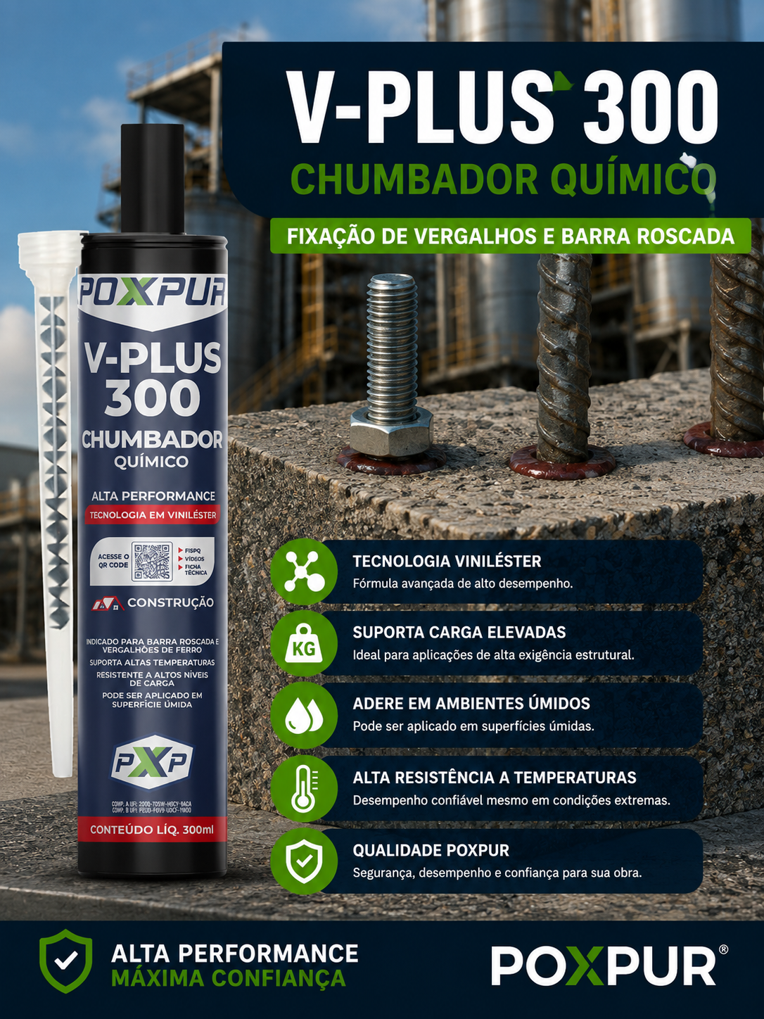 Adesivo Estrutural Chumbador Químico Poxpur V-PLUS 300 Construção Barra Roscada Vergalhões 400g/300ml