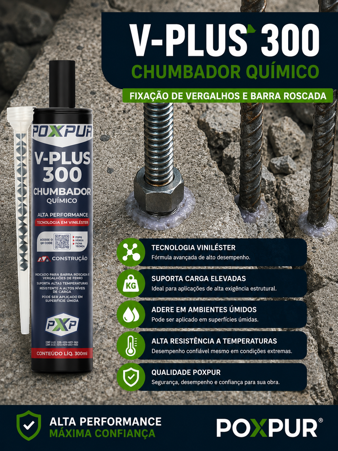 Adesivo Estrutural Chumbador Químico Poxpur V-PLUS 300 Construção Barra Roscada Vergalhões 400g/300ml