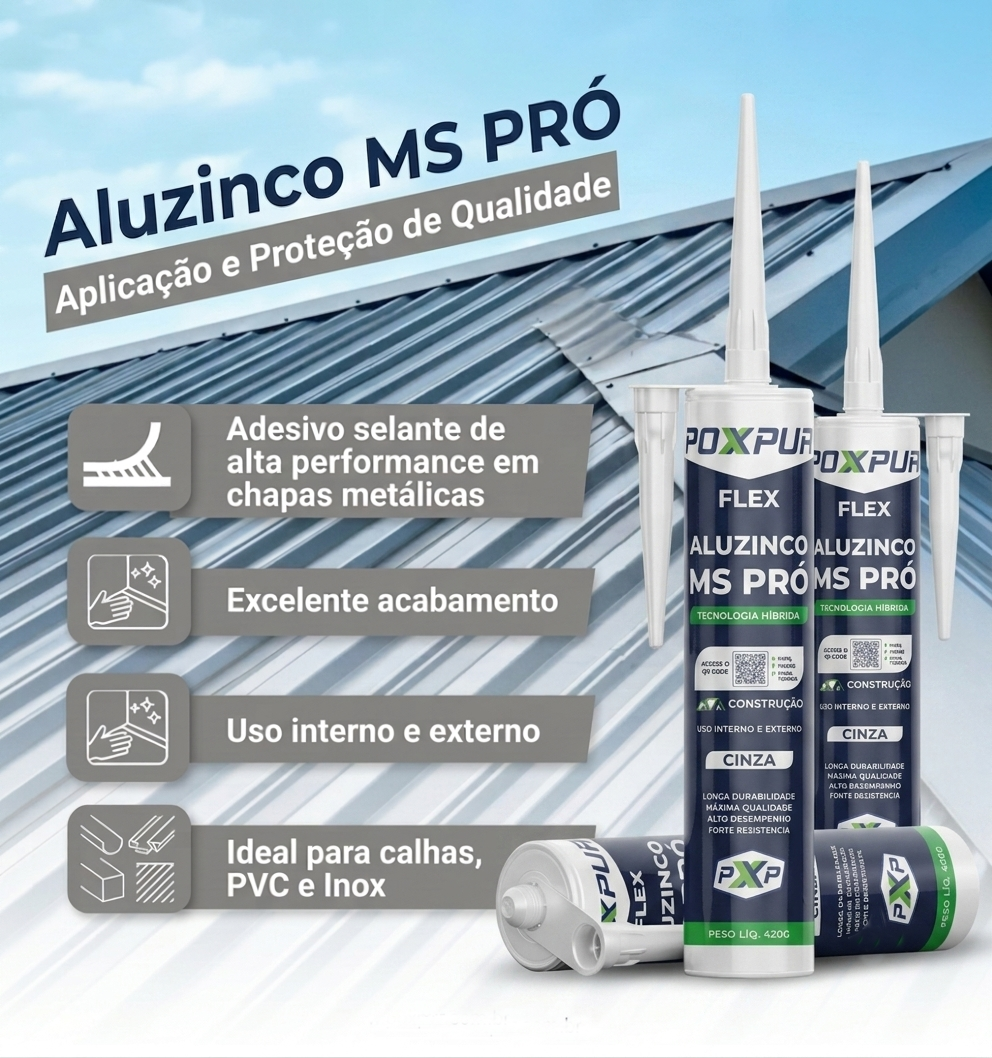 Adesivo Selante PU Poxpur Aluzinco MS PRO Calhas Rufos Dutos Metal PVC - 410g
