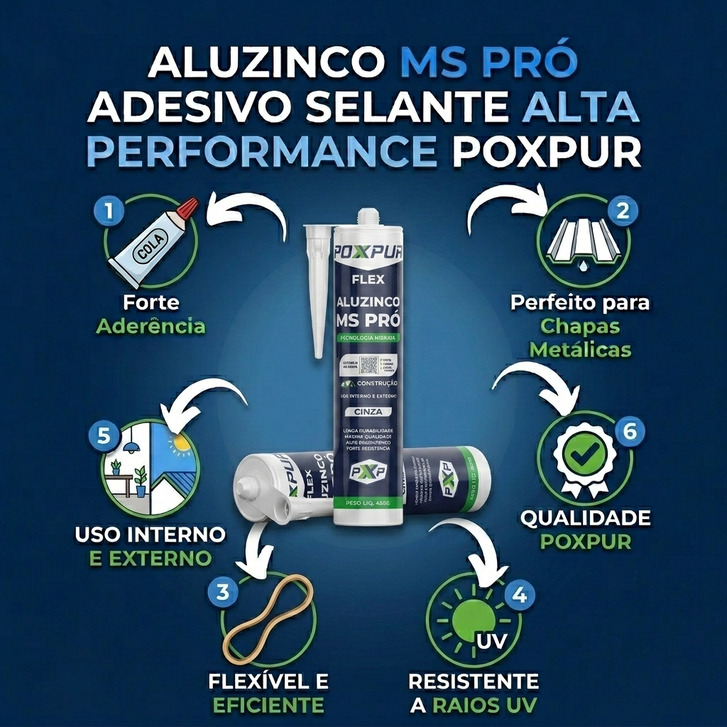 Adesivo Selante PU Poxpur Aluzinco MS PRO Calhas Rufos Dutos Metal PVC - 410g