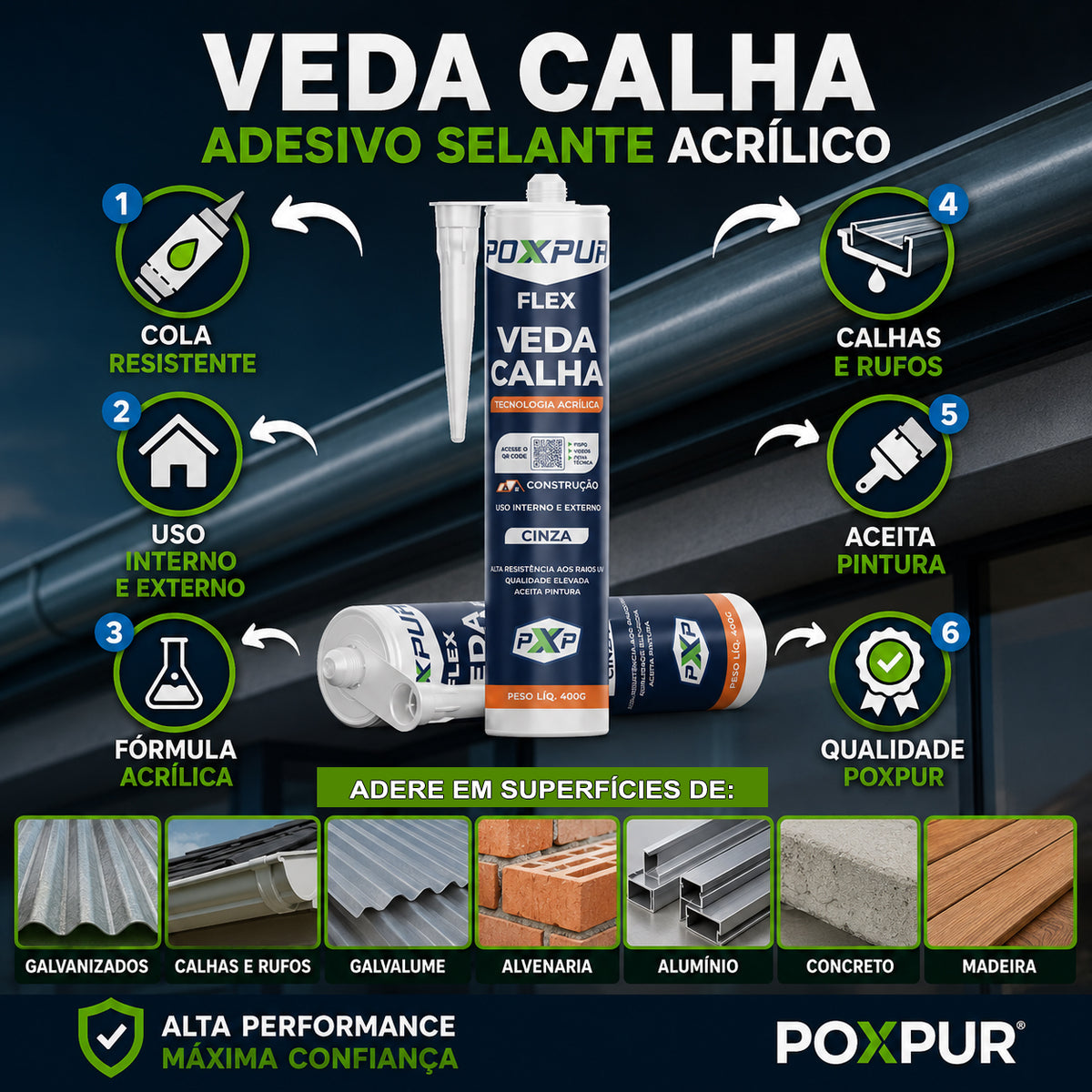Adesivo Selante Acrílico Poxpur Veda Calhas Rufos para Alumínio Galvanizado e Concreto - 400g