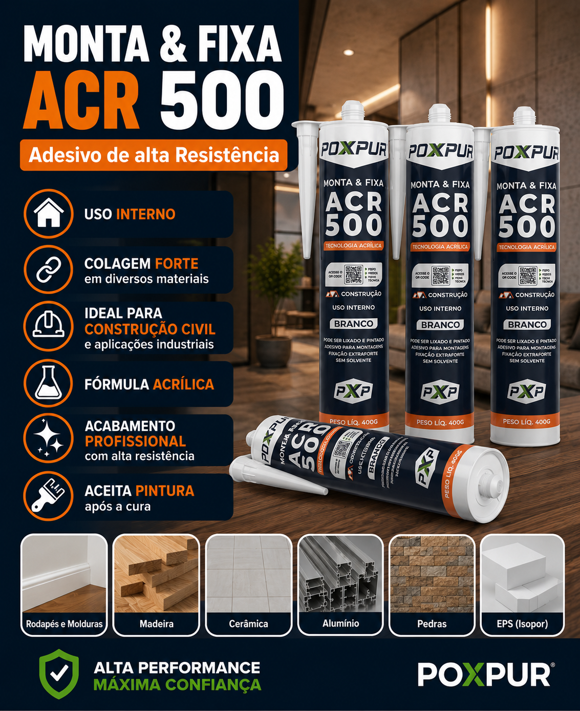 Adesivo Selante Acrílico Poxpur Monta&Fixa ACR 500 Guarnições Rodapés Molduras - 400g