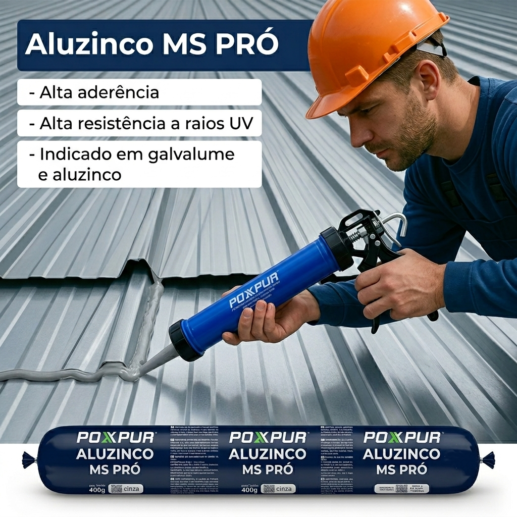 CAIXA FECHADA 24 unidades Adesivo Selante PU Poxpur Aluzinco MS Pro Calhas Rufos Dutos Metal PVC - Sachê 770g