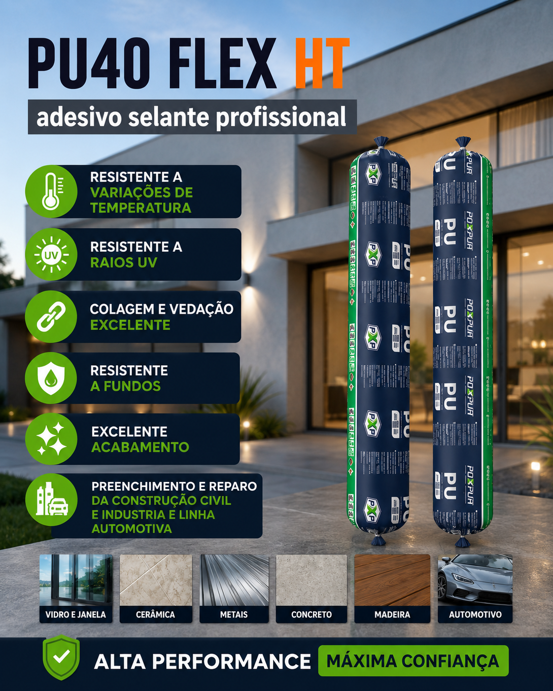 Adesivo Selante PU40 Poxpur Flex HT Tecnology Plásticos Cerâmicas Vidros Concreto - Sachê 870g