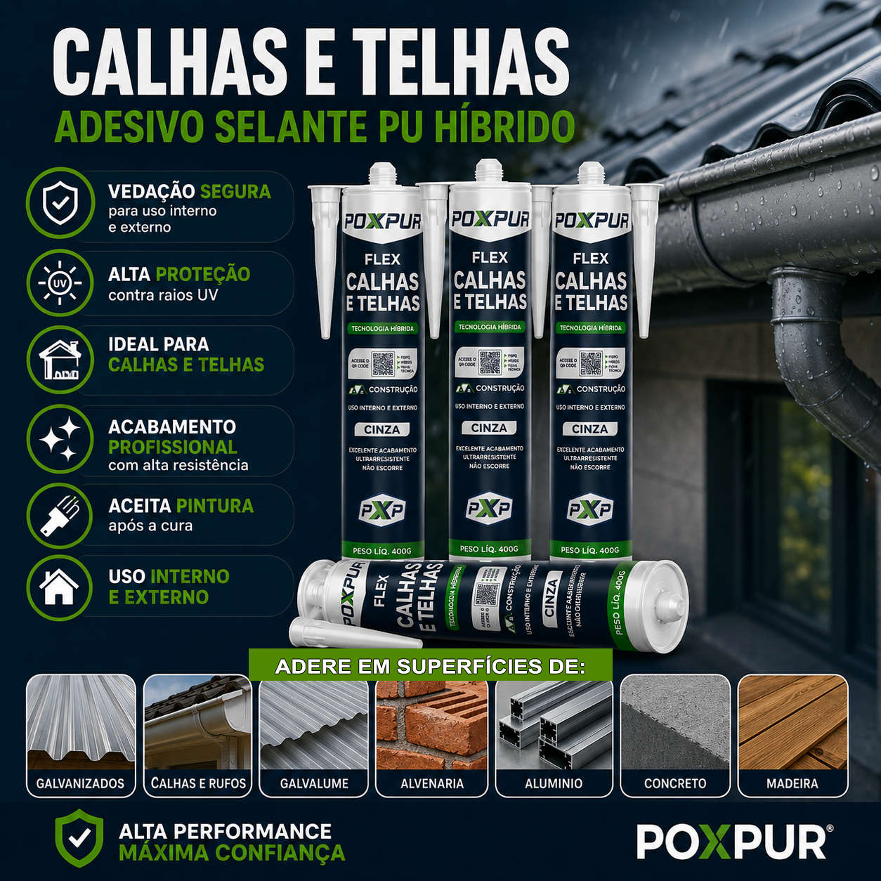 Adesivo Selante PU Poxpur Calhas e Telhas Metal Concreto e Madeiras - 400g
