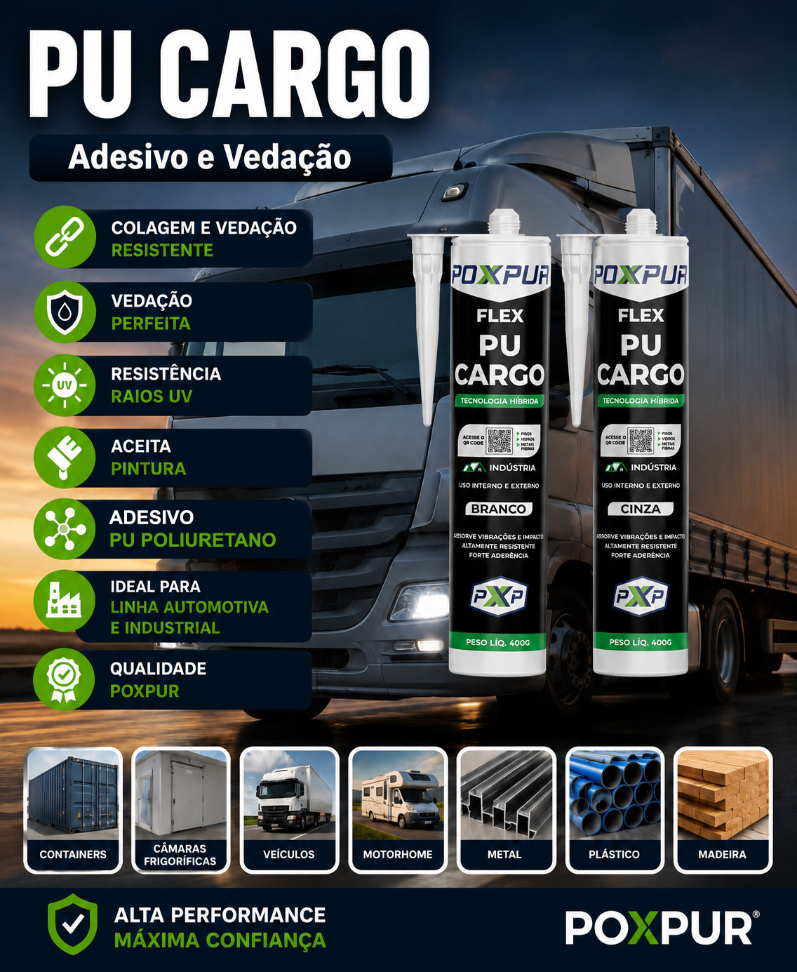 Adesivo Selante PU Poxpur Cargo Industrial Funilaria Metal Plástico - 400g