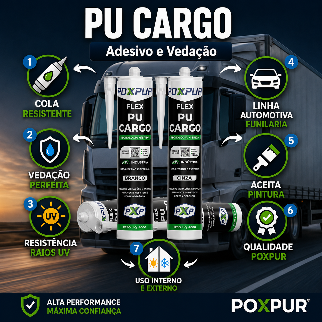 Adesivo Selante PU Poxpur Cargo Industrial Funilaria Metal Plástico - 400g