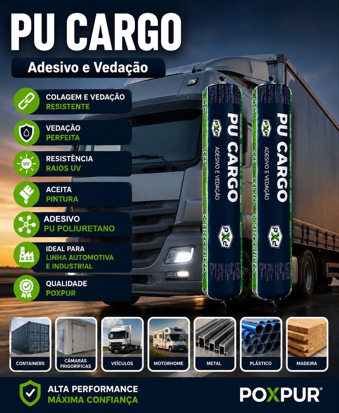 Adesivo Selante PU Poxpur Cargo Industrial Funilaria Metal Plástico - Sachê 870g