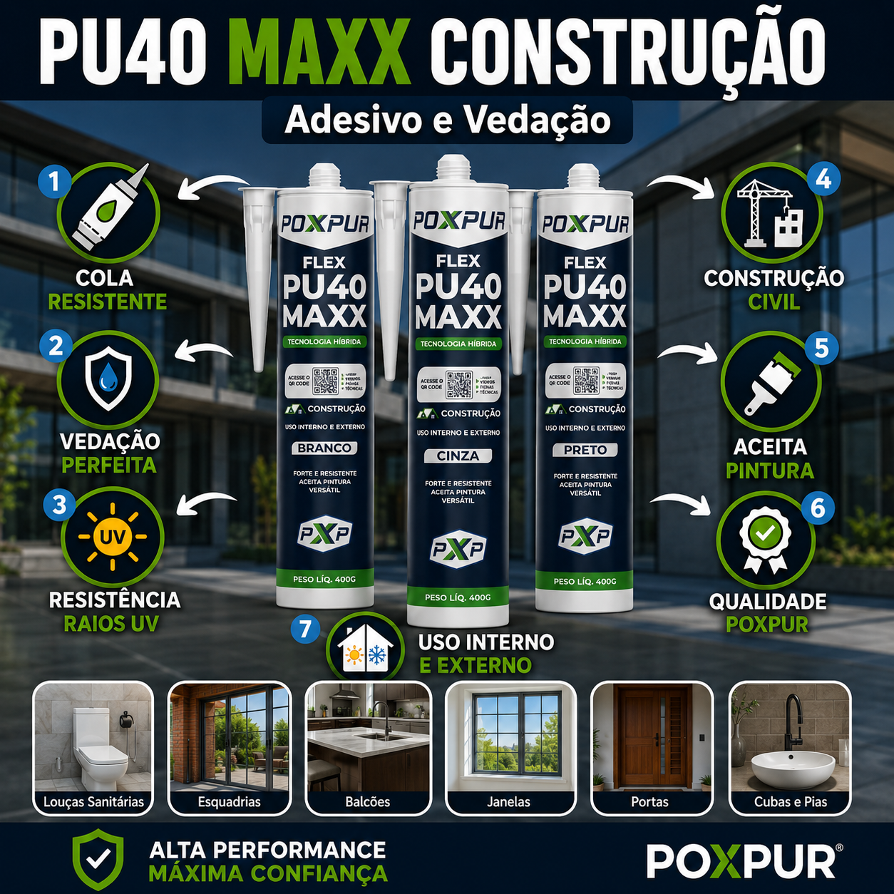 Adesivo Selante PU40 Poxpur Maxx Construção Esquadrias Janelas Cubas Pias - 400g