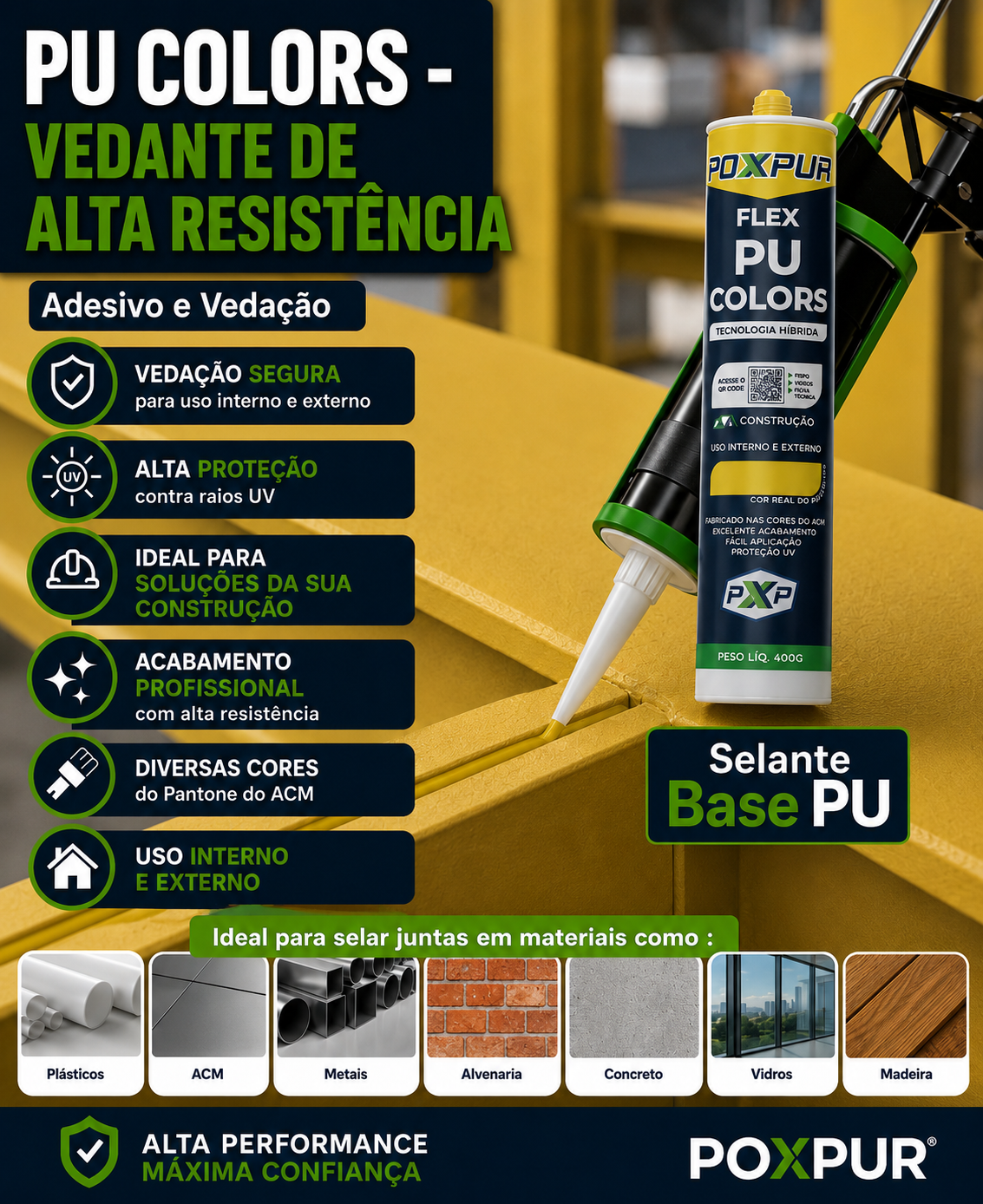 Adesivo Selante PU Poxpur Flex ACM Colors  Vermelho Azul Verde Amarelo Branco - 400g