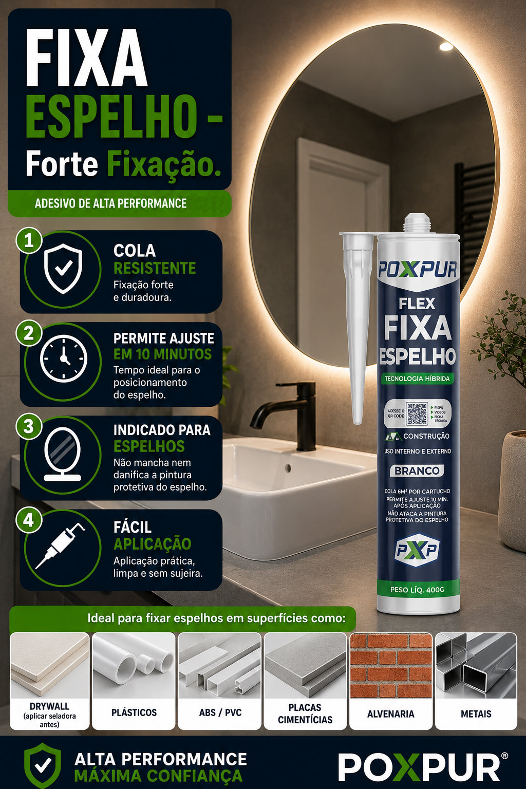 Adesivo Selante PU Poxpur Fixa Espelho Drywall Gesso PVC Metal Alvenaria - 400g