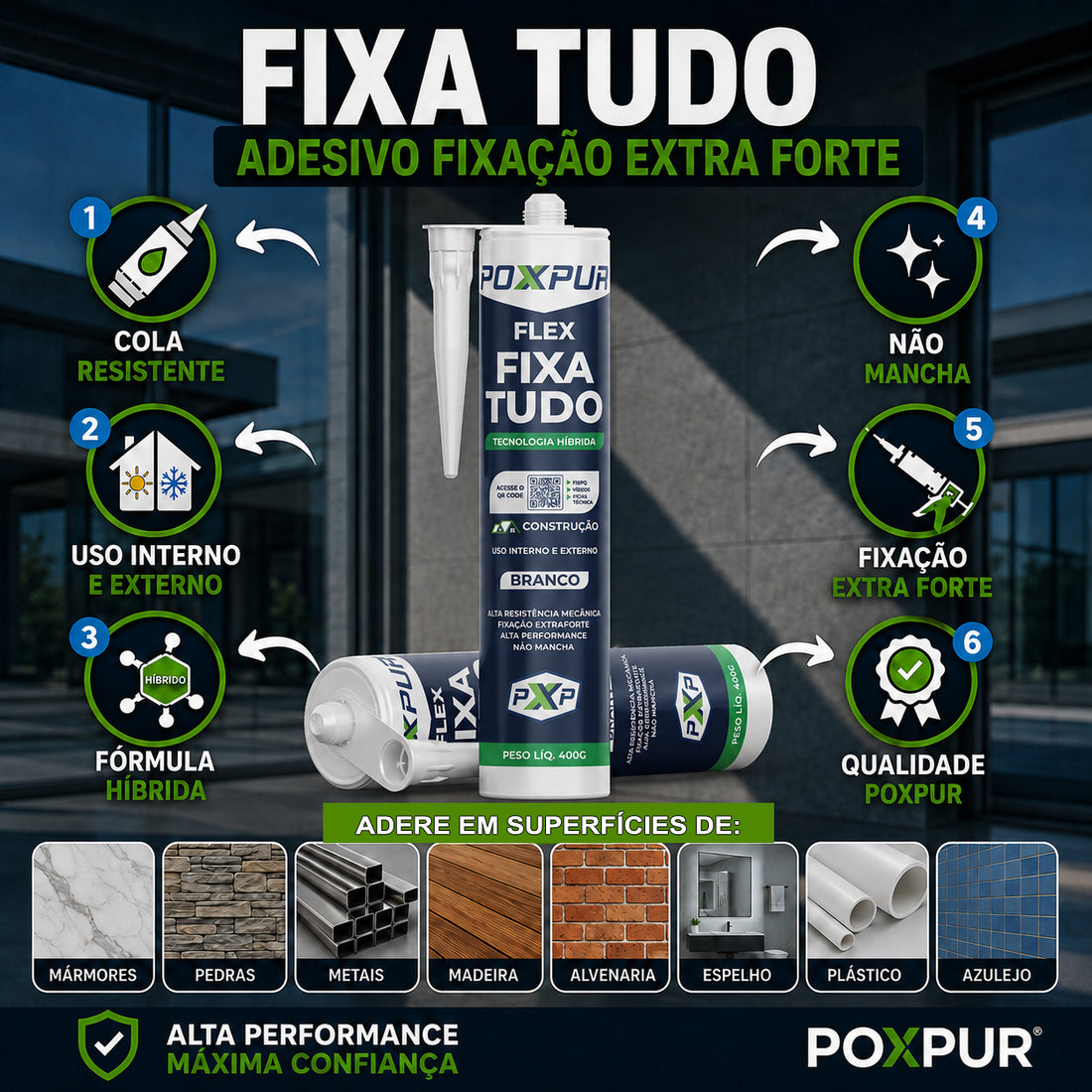 Selante PU Poxpur Fixa Tudo para Metal Madeira Concreto Alta Fixação - 400g