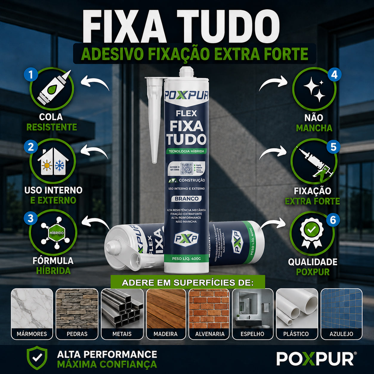Selante PU Poxpur Fixa Tudo para Metal Madeira Concreto Alta Fixação - 400g