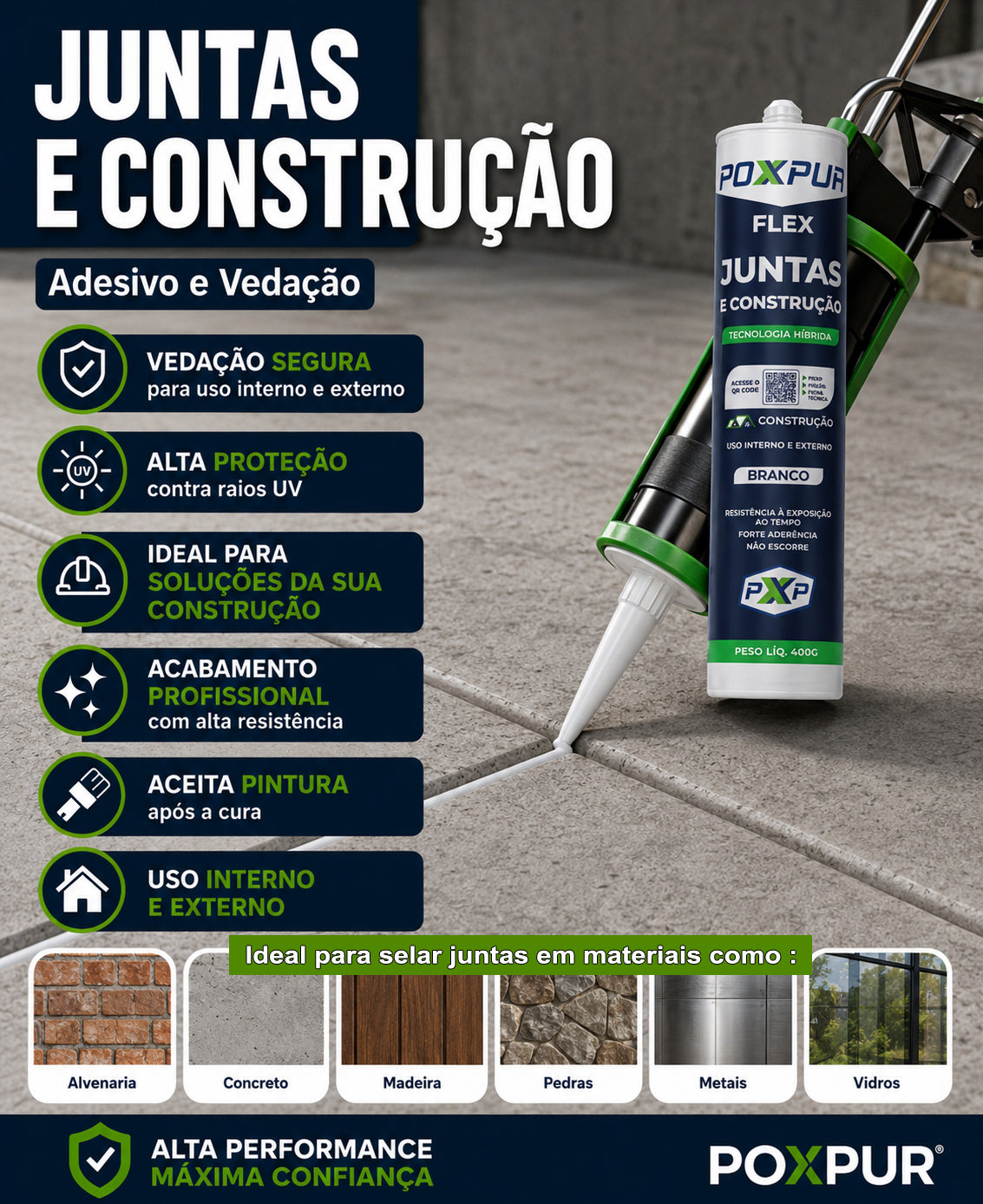 Adesivo Selante PU Poxpur Flex Juntas e Construção - 400g