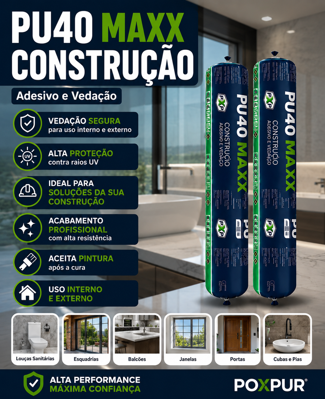 Adesivo Selante PU Poxpur Maxx Construção Esquadrias Janelas Cubas Pias - Sachê 870g