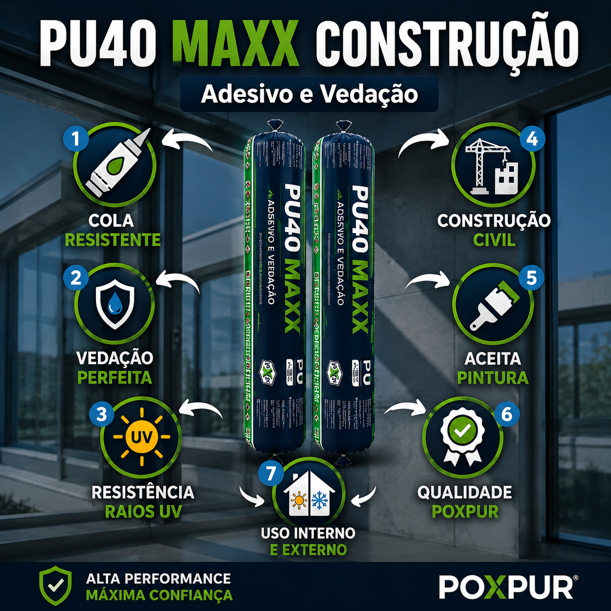 Adesivo Selante PU Poxpur Maxx Construção Esquadrias Janelas Cubas Pias - Sachê 870g