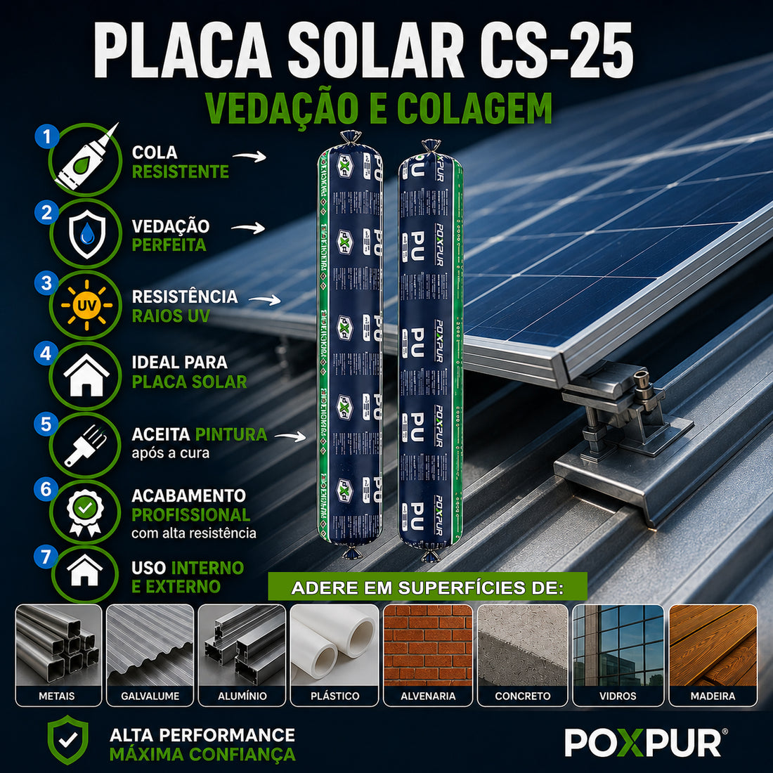 Adesivo Selante PU Poxpur Flex Placa Solar CS-25 Metal Concreto Madeira Sachê - 870g