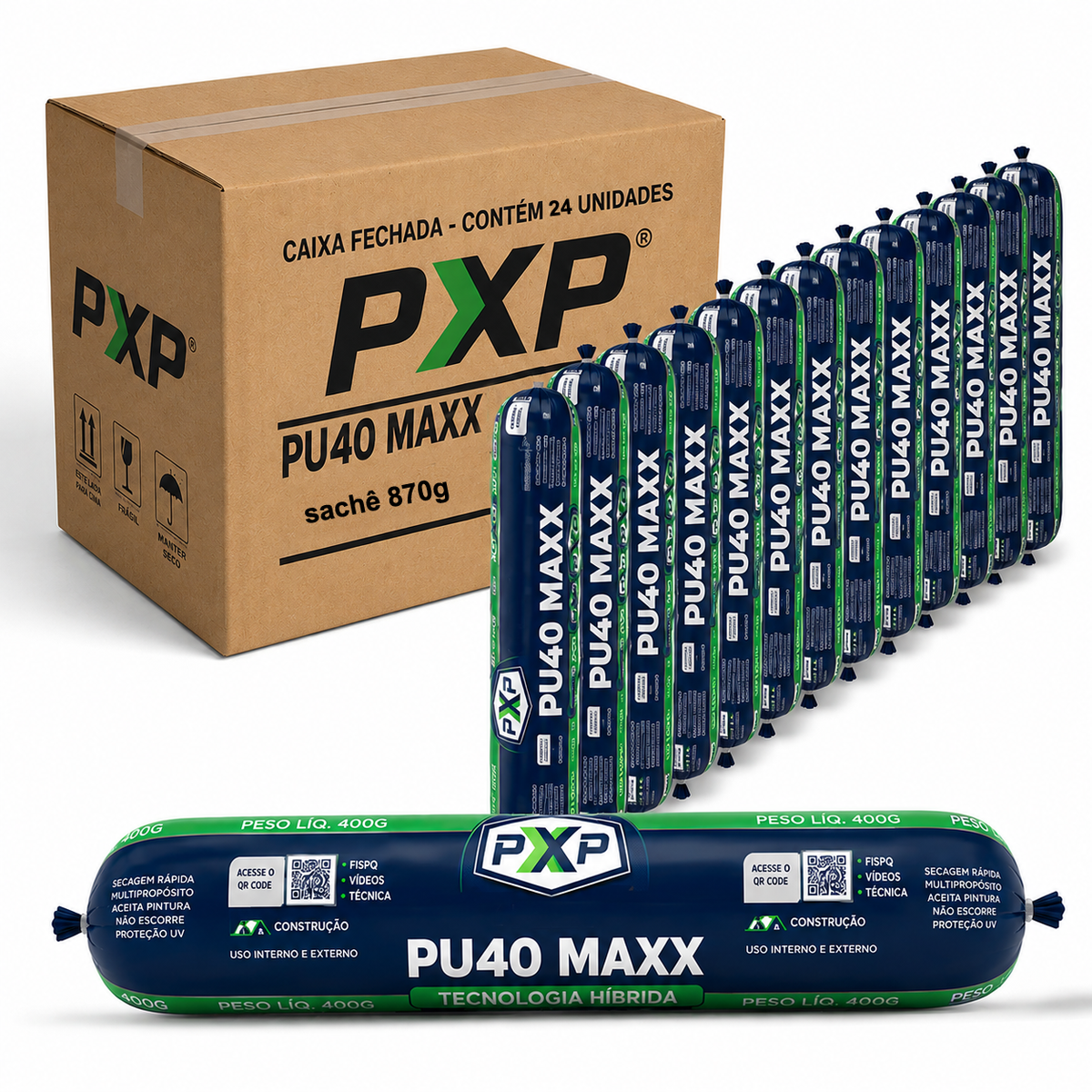 Caixa Fechada 24 unidades Adesivo Selante PU Poxpur Maxx Construção Esquadrias Janelas Cubas Pias - Sachê 870g