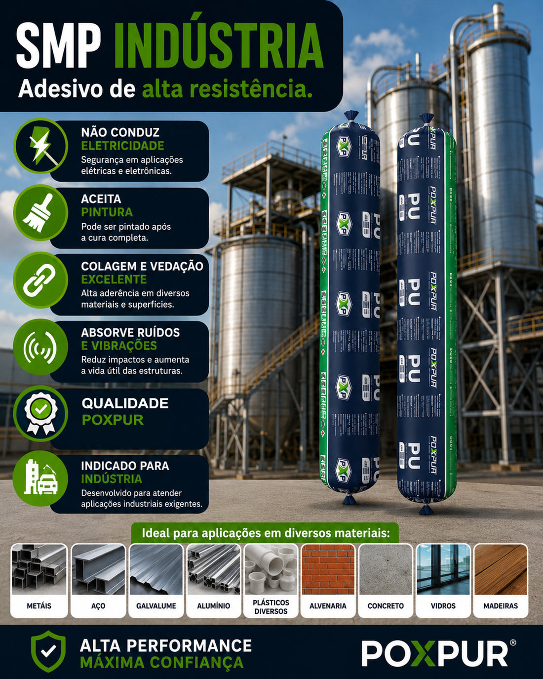 Adesivo Selante Poxpur Flex SMP Indústria Metais Concreto Vidros Madeira Plástico 870g