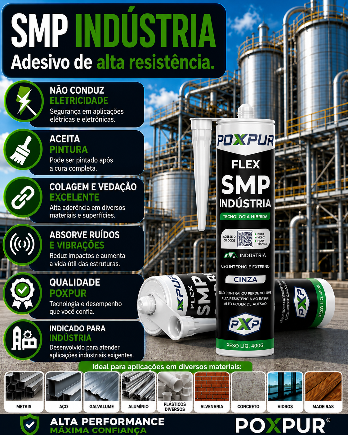 Adesivo Selante Poxpur Flex SMP Indústria Metais Concreto Vidros Madeira Plástico - 400g